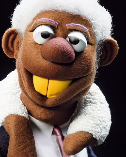 Image similar to morgan freeman as a muppet. highly detailed felt. hyper real photo. 4 k.