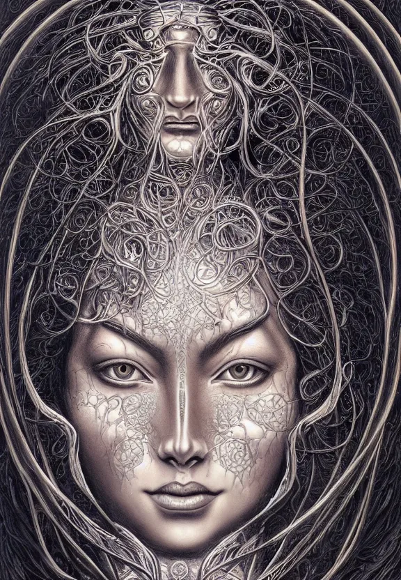 Image similar to perfectly centered portrait front view of a beautiful biomechanical moon goddess, flowing hair, intense stare, sweet smile, symmetrical, concept art, intricate detail, volumetric shadows and lighting, realistic oil painting by alex grey and gustave dore,