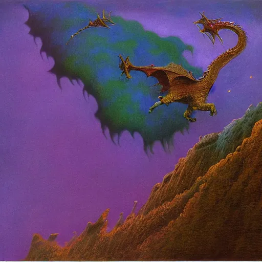 Image similar to a texturized beksinski dragon, flying through space, surrounded by purple novas, painting by Chet Zar