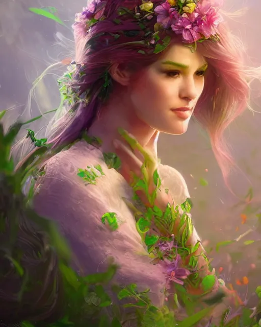 Image similar to spring, green, colorful flowers, portrait of a beautiful flora sorceress, flowy hair, cinematic lighting, highly detailed, digital painting, trending on artstation, pixiv, concept art, sharp focus, illustration, art by ross tran and wlop