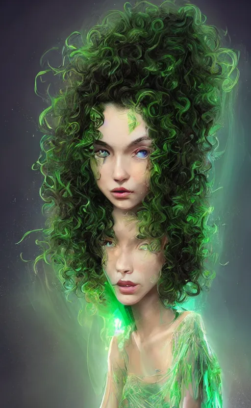 Image similar to a young woman with wild, curly hair and bright green eyes. she's wearing a flowing dress made of light, airy fabric and she has a mischievous look on her face, dynamic lighting, photorealistic fantasy concept art, trending on art station, stunning visuals, creative, cinematic, ultra detailed