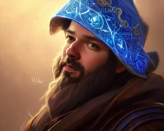 Prompt: mindblowing portrait of alexis ohanian as a wizard, blue wizard hat, deep focus, d & d, fantasy, intricate, elegant, highly detailed, digital painting, artstation, concept art, matte, sharp, illustration, hearthstone, art by artgerm and greg rutkowski and alphonse mucha