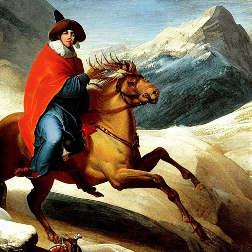 Image similar to benjamin netanyahu crossing the alps, highly detailed, by jacques louis david