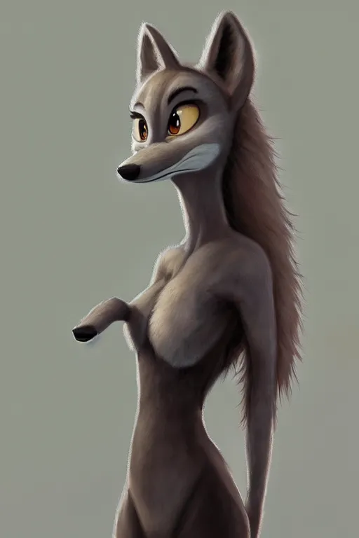 Image similar to oil painting of anthromorphic female wolf, in style of zootopia, female fursona, furry, furaffinity, 4 k, deviantart, furry art, fursona art, wearing black business suit, business suit, wolf fursona, female, smug expression,