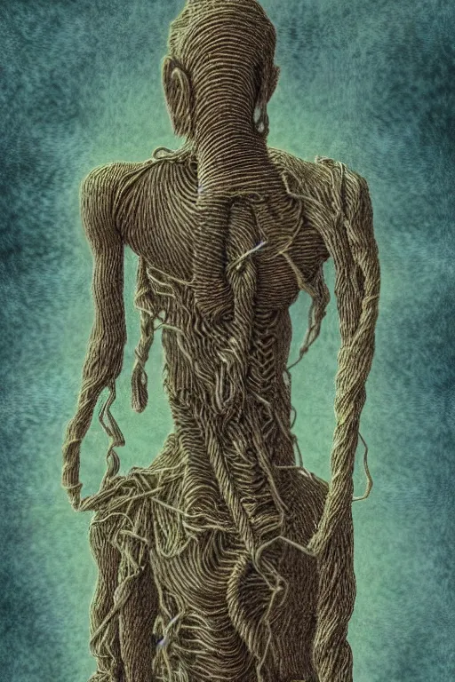 Image similar to wire rope nephilim,art by Bernard Krigstein and John Picacio,trending on artstation, withered lighting product view,colored pencil art ,anaglyph filter ,mirrored,award-winning,mandelbulb 3d,