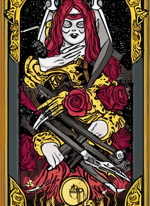 Prompt: tarot card :: horror :: hearts and roses :: gold and silver :: guns and swords :: by deiv calviz and bossmonsterbani