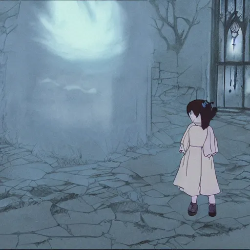 Image similar to ghost of a young girl, a burnt out church, wisps of smoke, spooky, photorealism, cel shaded, studio ghibli, hayao miyazaki