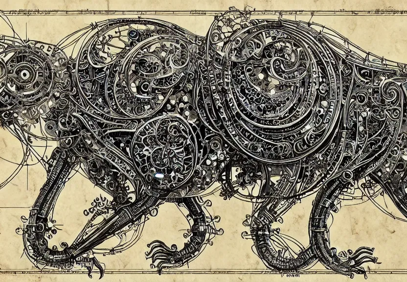 Image similar to schematic blueprint of highly detailed ornate filigreed convoluted ornamented elaborate cybernetic rat, wide margin, art by da vinci
