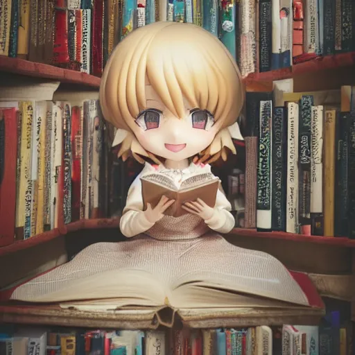 Prompt: full body portrait of a happy blonde nendoroid anime girl with long hair, in a cute dress, reading a book, nicoletta ceccoli, mark ryden, lostfish, depth of field, detailed store environment as background, 8 k resolution, hyperrealistic, octane render