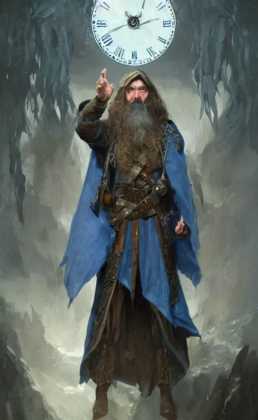 Image similar to portrait of a middle aged elf with a long beard, dressed in a blue cloak with clock iconography, brown hair, raised hand, detailed face, fantasy, highly detailed, cinematic lighting, digital art painting by greg rutkowski