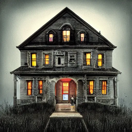 Image similar to creepy album art by chris bilheimer of a haunted house, surreal, 8 k