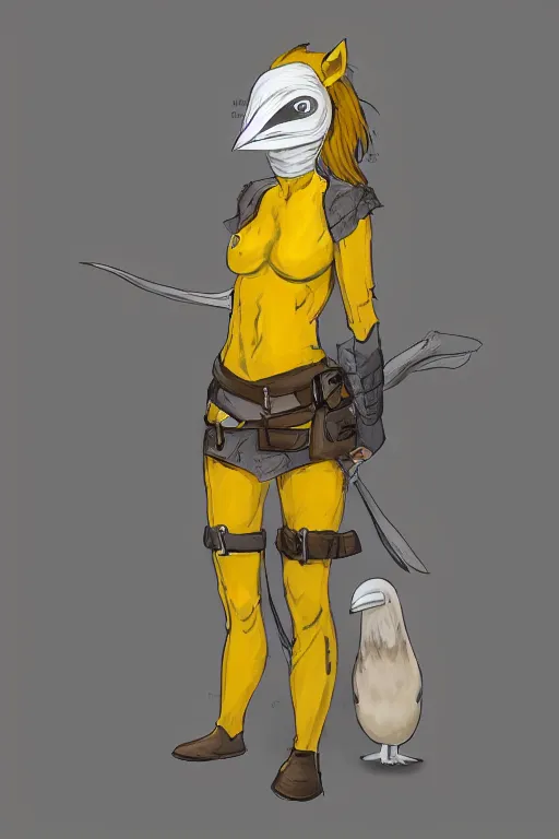 Image similar to female adventurer in tight full - body soft yellow sticky note armor and a white porcelain crow mask, trending in artstation, japanese, artstation, establishing shot