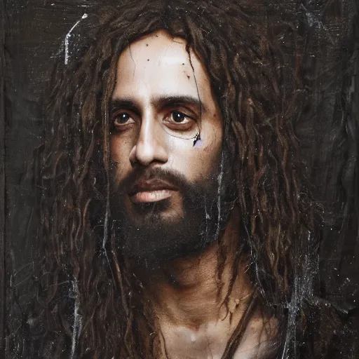 Prompt: a portrait of jesus wearing virgil abloh and jerry lorenzo streetwear by nicola samori, oil painting, realistic, 8 k, fear of god style