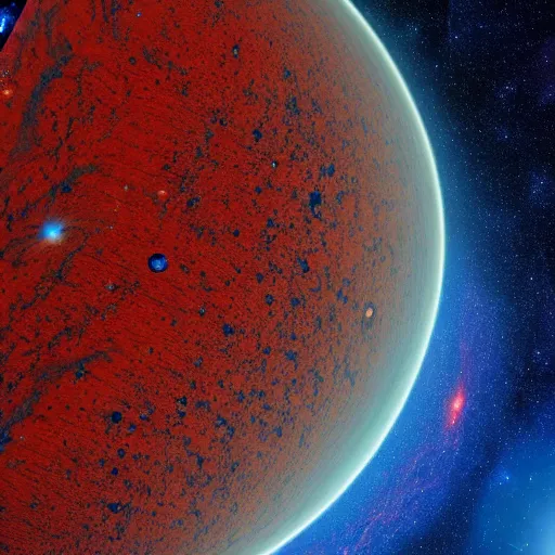 Image similar to a picture of an alien planet, taken from orbit, dark blue planet, red narrow lava rivers, astrophotography