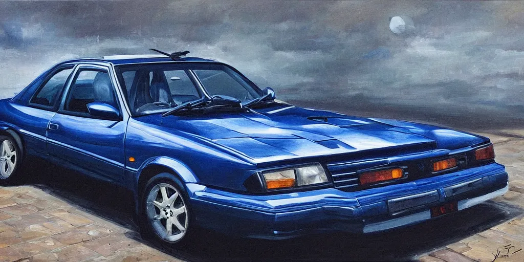 Image similar to Highly detailed oil painting of a dark blue 1991 opel astra, strong atmosphere, oil painting masterpiece by Josep Tapiró Baró, symmetry, fractals