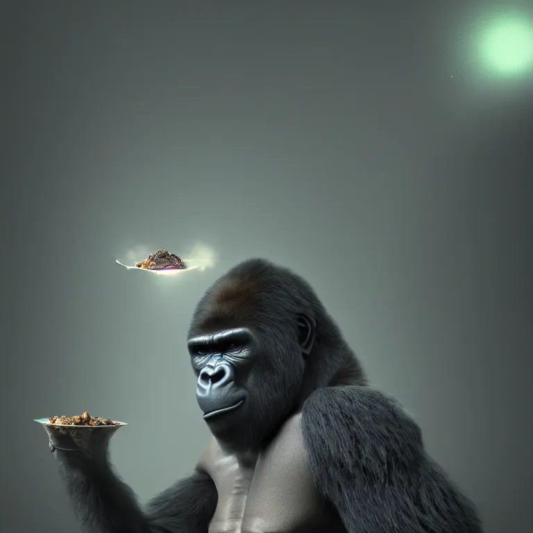 Prompt: a cinematic shot of gorilla wearing yogurt, octane render, volumetric lighting, nvidia raytracing demo, by Andy Thomas, Mario Martinez, Daniel Mirante, Gustave Dore, Artstation, CGsociety, masterpiece