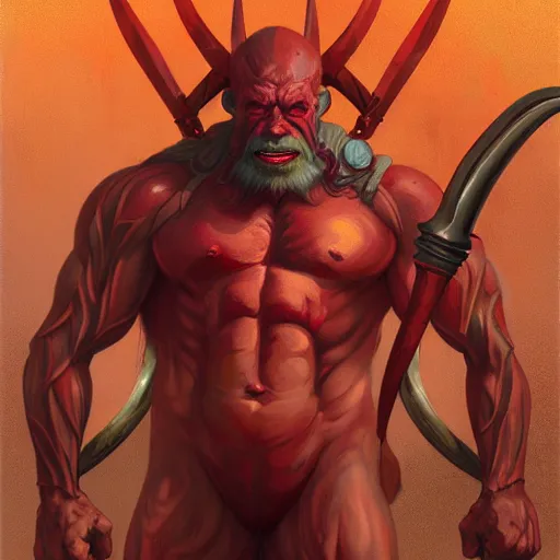 Prompt: Muscular red orc wielding large two handed axe, symmetrical, D&D character art, portrait, digital painting, mogul khan, Peter Mohrbacher, Alphonse Mucha, Brian Froud, Yoshitaka Amano, Kim Keever, Victo Ngai, James Jean