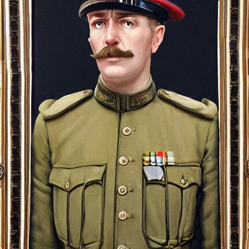 Image similar to a detailed photorealistic portrait painting of a 1 9 1 7 worried - looking british officer in field gear from the arab bureau, ultra realistic, intricate details, atmospheric, dark, brooding, highly detailed, by clyde caldwell