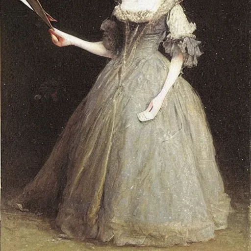 Image similar to young victorian lady in ball gown, a little card and pencil in hand, painted by alfred stevens