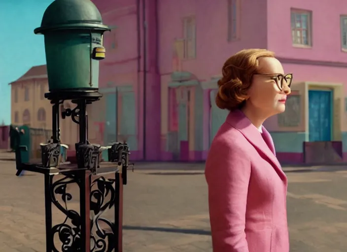 Prompt: cinematic mid shot of a high detail, woman's face looking off camera, with round glasses. fine facial features. she stands in an empty, pastel colourful 3 d, street scene with water tower, by jeffrey smart and gregory crewdson and edward hopper, inspired by the grand budapest hotel