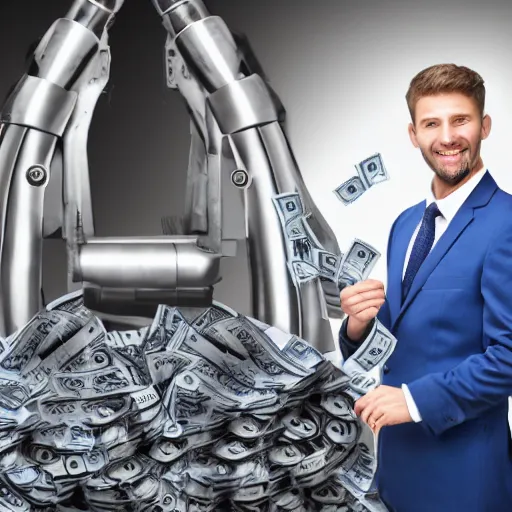 Image similar to happy man in a suit with machine that throws money