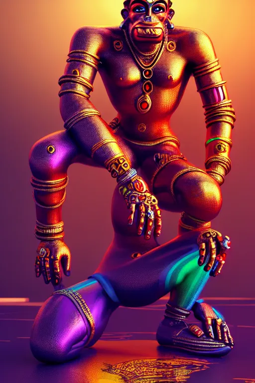 Image similar to high quality 3 d render colorful cyborg! hanuman sitting, gold madhubani, highly detailed, cyberpunk!! mumbai in the background, unreal engine cinematic smooth, szukalski & blade runner, moody light, low angle, uhd 8 k, sharp focus