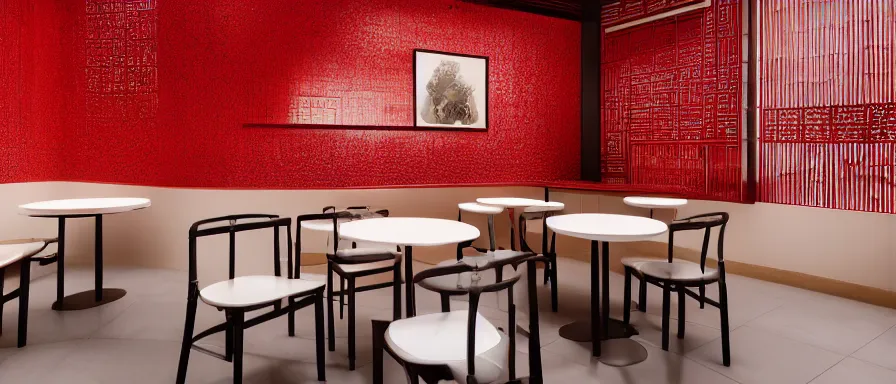 Prompt: a beautiful simple interior render of small roasted string hotpot restaurant restaurant yan'an, wall corner, from china, red paper wall and white tile floor, rectangle white porcelain table, black chair, fine simple delicate structure, chinese style, simple composition, simple style structure decoration design, victo ngai, 4 k hd