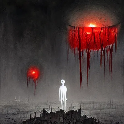 Prompt: lost souls floating in the astral plane above the city of the dead below filled with rotting corpses an blood and bones style of Alex Andreev