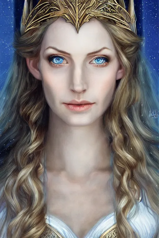 Prompt: portrait, headshot, digital painting, of elven queen Galadriel, beautiful, tall, white dress, fair curly hair, blue eyes, realistic, hyperdetailed, chiaroscuro, concept art, art by Waterhouse