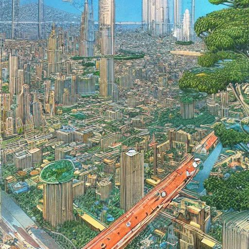 Prompt: city of the future in harmony with nature. Beautiful detailed illustration by moebius (1975).