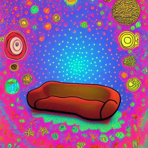 Image similar to psychedelic trippy couch in space, planets, plants, flowers, mushrooms milky way, sofa, cartoon by alvar aalto