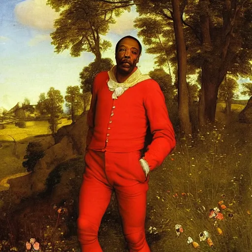 Prompt: renaissance portrait of Eddie Murphy by a meadow in a forest, masterpiece by Eugene de Blaas