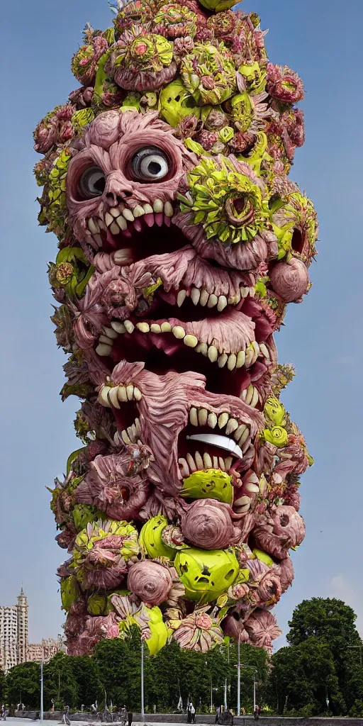 Image similar to colossal grotesque Beelzebub flower made from angry smiles in the middle of post soviet constructivist cityscape, Stalinist architecture, brutalist architecture, ultradetailed, Intricate by Hayao Miyazaki and Josan Gonzalez and Makoto Shinkai and Giuseppe Arcimboldo and MC Esher and Wes Anderson