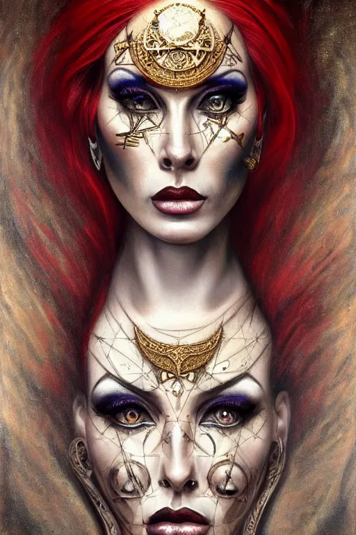 Prompt: hyper realistic painting portrait of cervena fox, occult diagram, elaborate details, detailed face, intrincate ornaments, gold decoration, occult art, oil painting, art noveau, in the style of roberto ferri, gustav moreau, david kassan, bussiere, saturno butto, boris vallejo