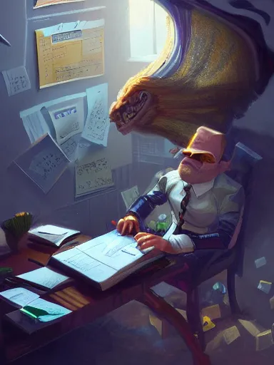 Prompt: salary man working at his desk, piles of papers all over the place. intricate, elegant, highly detailed, digital painting, artstation, concept art, sharp focus, illustration, by justin gerard and artgerm, 8 k