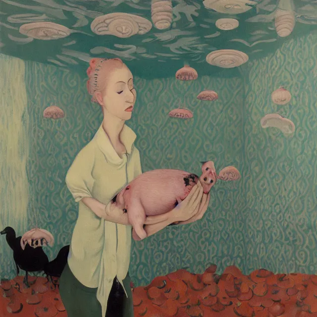 Image similar to tall female emo artist holding a pig in her flooded bathroom, mushrooms, octopus, water gushing from ceiling, painting of flood waters inside an artist's bathroom, a river flooding indoors, pomegranates, pigs, ikebana, zen, river, rapids, waterfall, black swans, canoe, berries, acrylic on canvas, surrealist, by magritte and monet