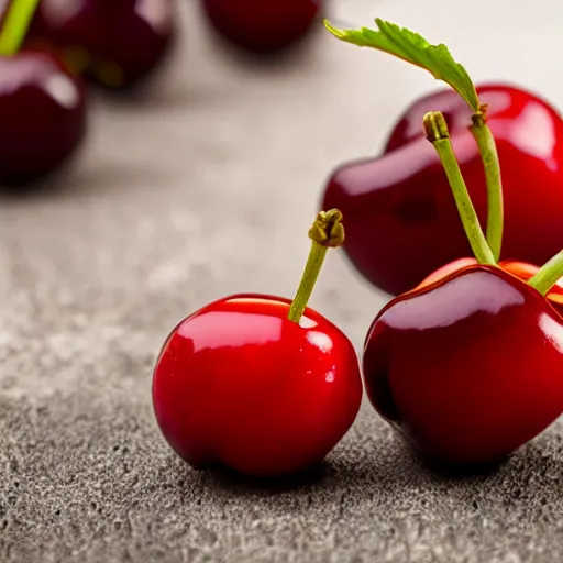 Prompt: Photo realistic three fresh cherries on a table
