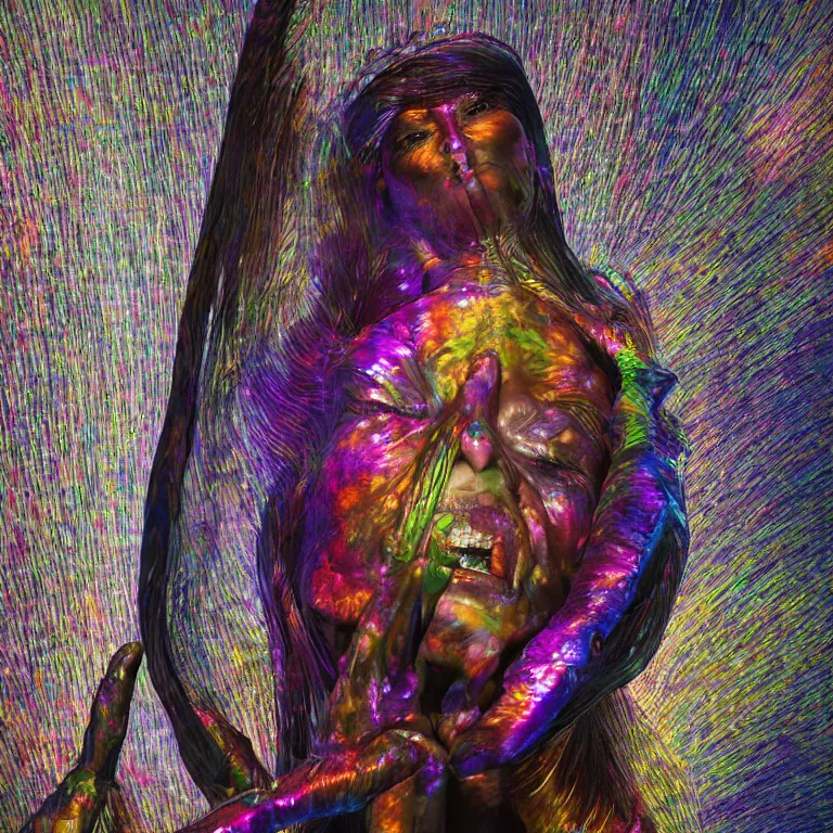 Prompt: octane render portrait by wayne barlow and carlo crivelli and glenn fabry, a giant shiny smooth reflective colorful tie - dye metal statue of a beautiful woman inside a giant massive dramatic cavernous art gallery, cinema 4 d, ray traced lighting, very short depth of field, bokeh