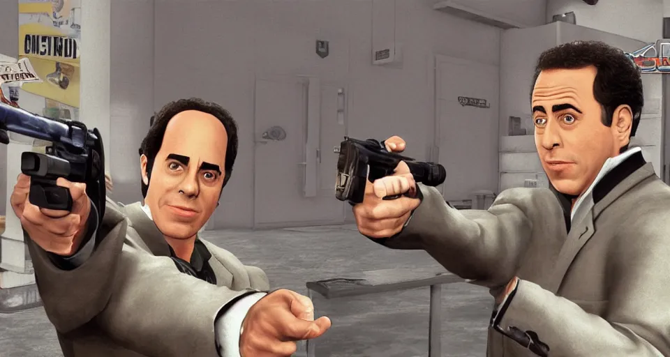 Prompt: Seinfeld as a PS3 first person shooter game, screenshot