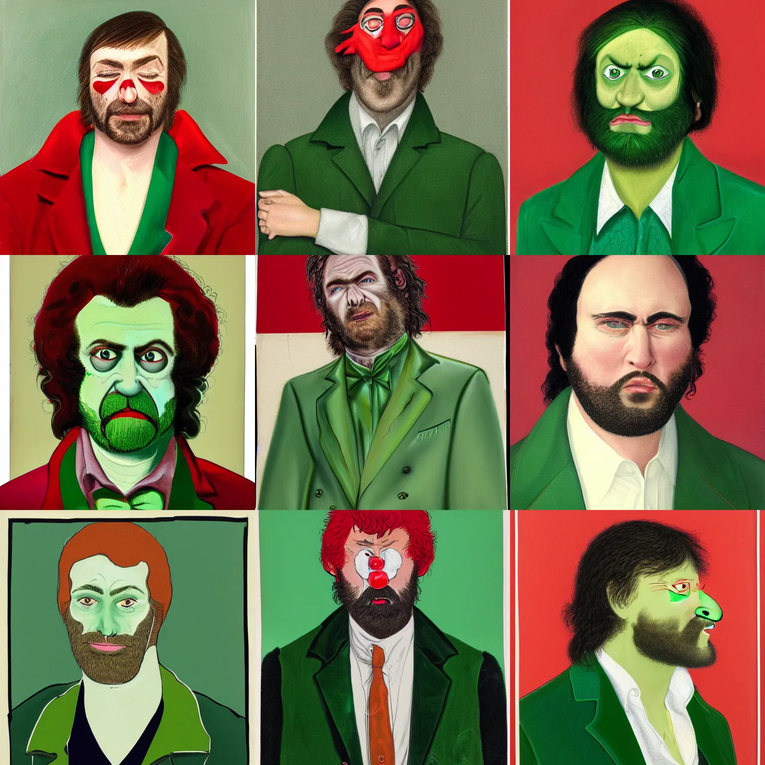 Prompt: portrait of a melancholy bedraggled man with 70s mutton chops and sideburns, wearing a 1970s green blazer with a tapered collar, looking out and grinning with bloodshot eyes and a swollen red nose, 44 years old mature caucasian male, just a total wreck of a human being, in the style of Jenny Saville, Alex Kanevsky, trending on ArtStation, expressive, atmospheric, textured brush strokes, soulful impressionism, intimate digital art