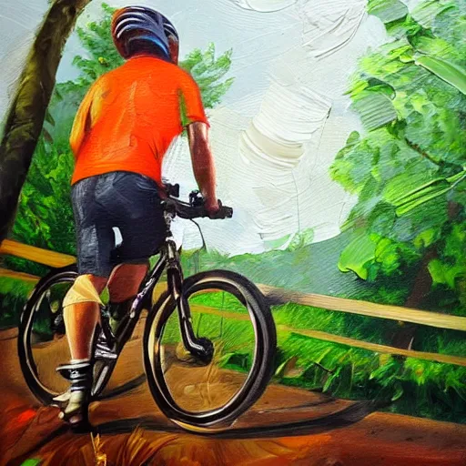 Prompt: man with helmet biking up a steep forest hill, sweaty. Oil painting. Emotional.