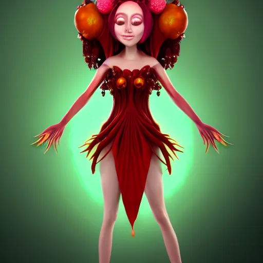 Image similar to cell shaded humanoid onion goddess, flower vine dress, crown, artstation, 4 k gorgeous, smiling, red hair regal, garlic scepter