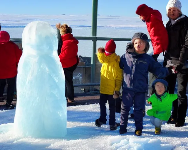 Image similar to ice sculpture. there is a little blonde boy trapped in the figurine made of ice. antartica. coca cola polar bear cheers on. concerned parents looking down from a zoo railing.