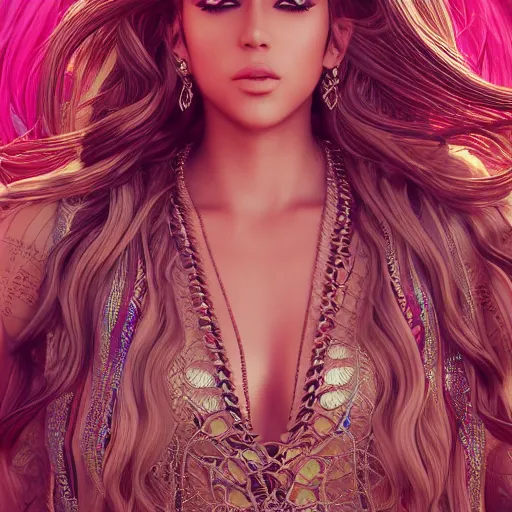 Image similar to portait nawal al zoghbi sensual, centred, very long hair, hd, hyperdetailed illustration by irakli nadar, intricate linework, bright colors, octopath traveler, final fantasy, unreal engine 5 highly rendered, global illumination, radiant light