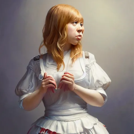 Prompt: detailed painting of jennette mccurdy wearing a maid outfit, 8 k, by greg rutkowski, artgerm, global illumination