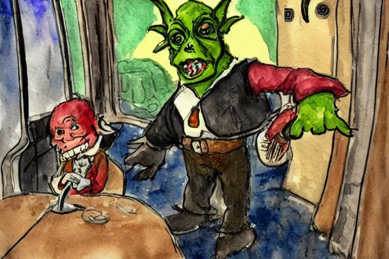 Image similar to A goblin dressed as a merchanic riding a train in a bar, watercolors by 5 year old