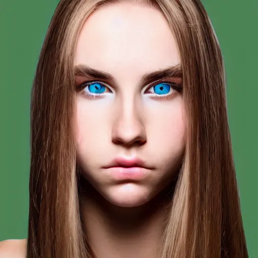 Prompt: brunette with dyed blonde hair, 21 years old, 165 cm tall, long flat hair, blonde, green eyes, smaller nose, smaller mouth, round shaped face, big forehead, lop eared, thin eyebrows, real life photograph