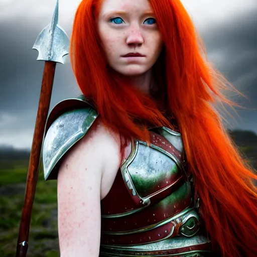 Image similar to north girl, adult, warrior, red hair, ginger hair, fantasy, high detailed, photography, cloudy, lightweight armor, Scandinavia, plain, Authentic, detailed face, cute face, spear in hand