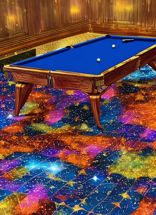 Image similar to a billiard table with bright universe of stars as a cloth, symmetrical, 1 0 million point cloud, vivid color, complementary color, golden ratio, detailed, sharp lines, intricate,