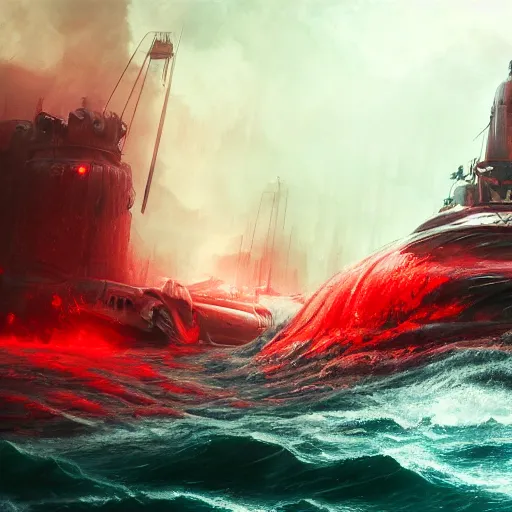 Image similar to mystical submarine in the depths of an ocean of blood, hyperdetailed, artstation, cgsociety, 8 k